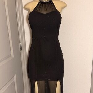 Janice Black halter neck dress with sheer panel and slits